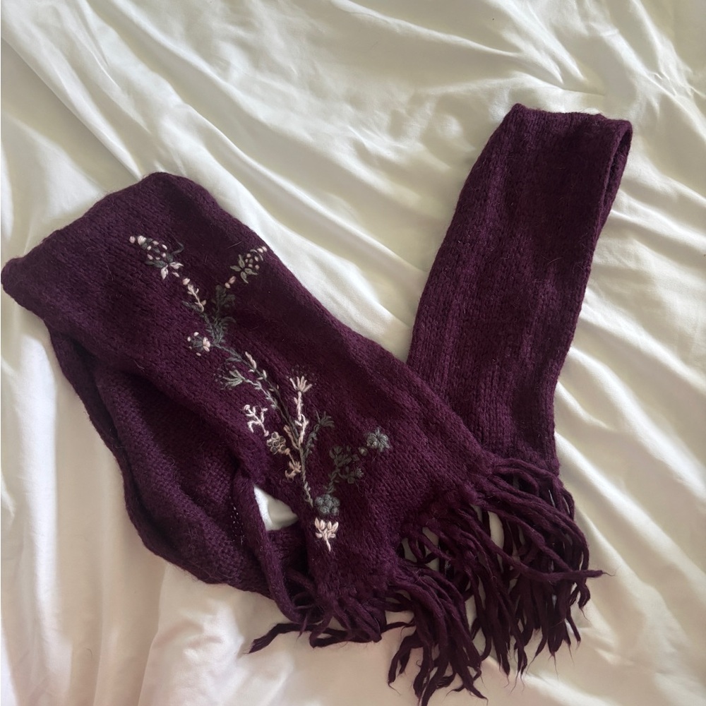Wooden Ships Deep Purple Knit Scarf with Floral Design